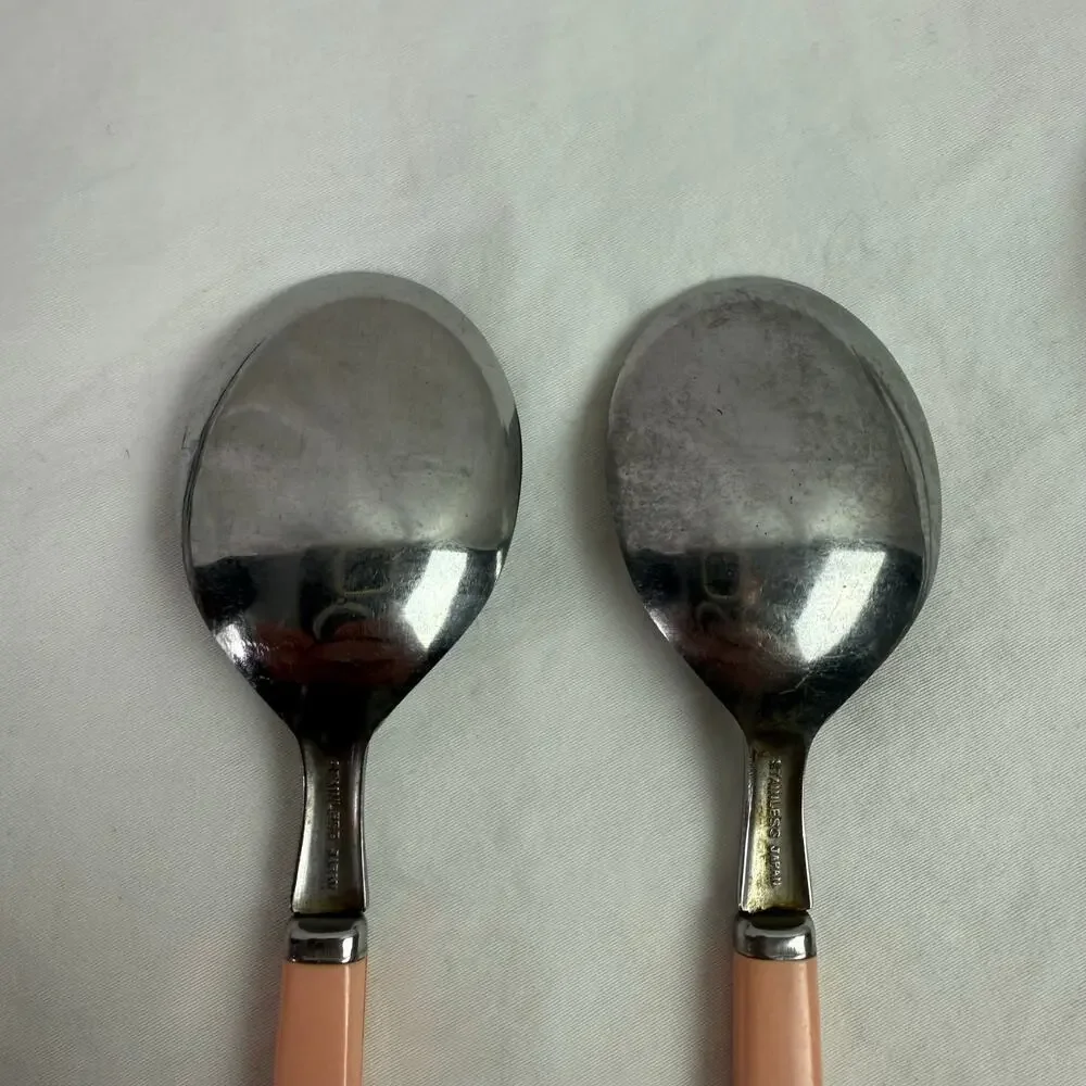 VTG Set of 8 Stainless Flatware Pink Plastic Handle Japan Knives Tea Spoon Forks